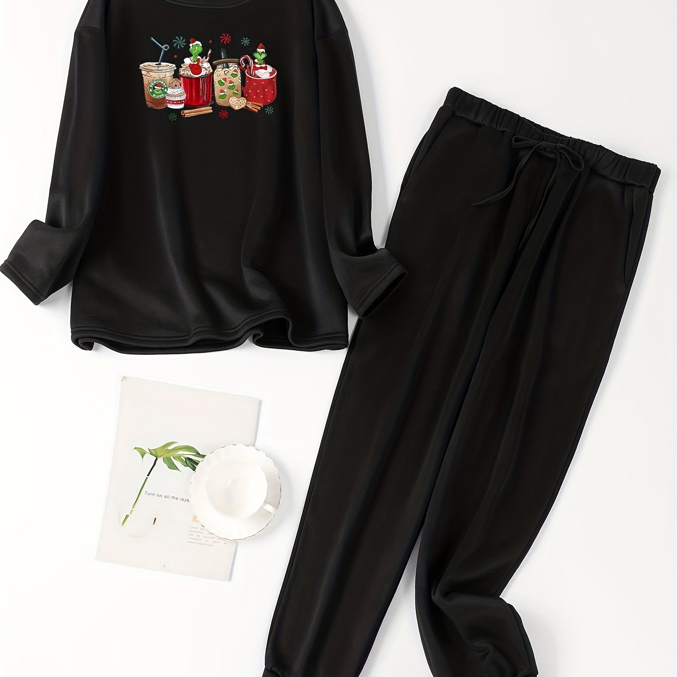 Christmas Lounge Set Funny Coffee Print Tee & Jogger Pants Pajama Set
