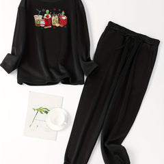 Christmas Lounge Set Funny Coffee Print Tee & Jogger Pants Pajama Set