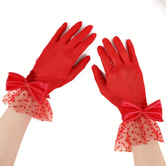 Women's Lace Gloves with Bow Detail Sheer Short Mitten for Formal Events
