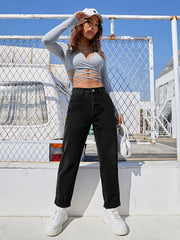 High Waist Straight Jeans Slash Pockets High Rise Loose Fit