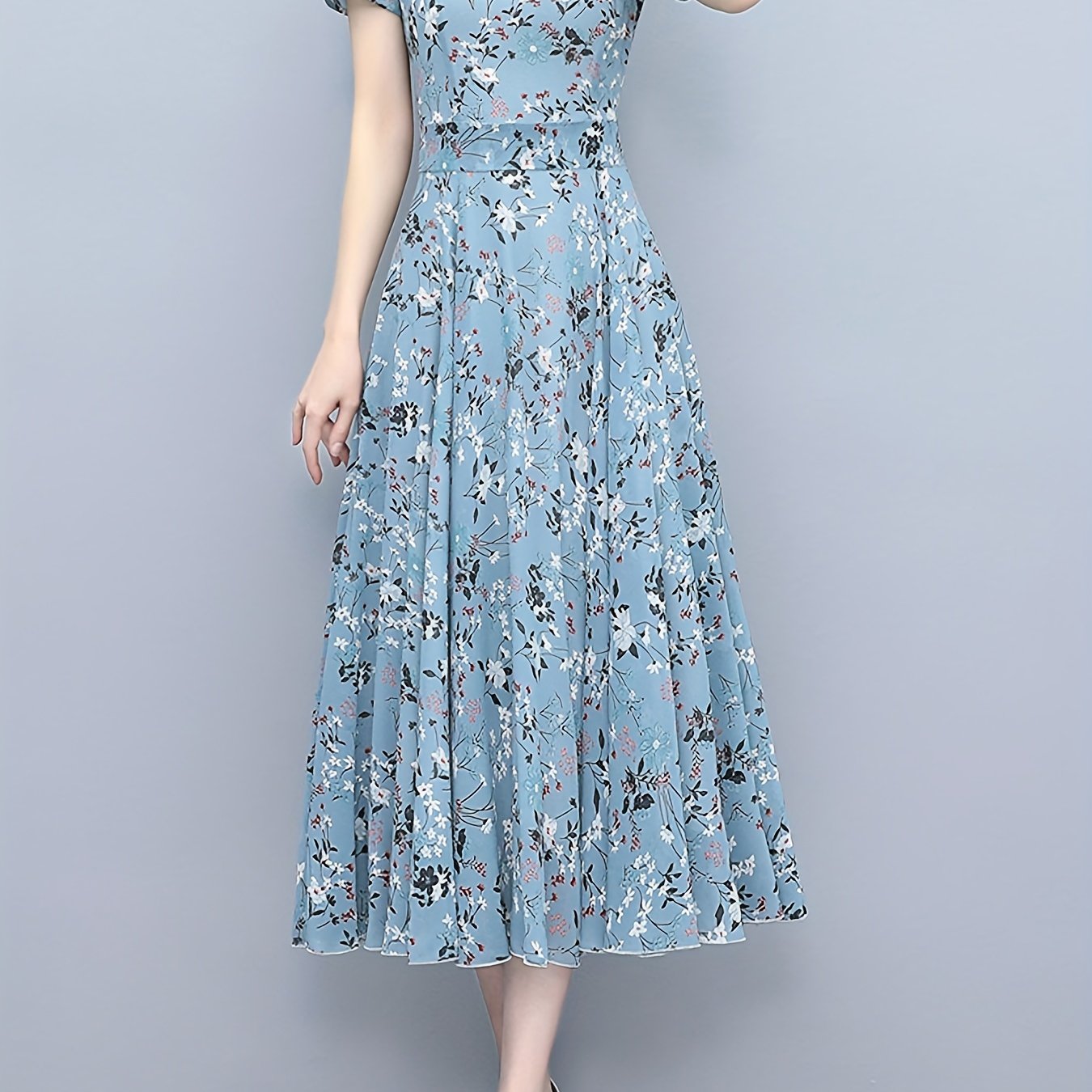 Floral Print Chiffon Dress Crew Neck Short Sleeve Casual Dress