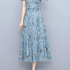 Floral Print Chiffon Dress Crew Neck Short Sleeve Casual Dress