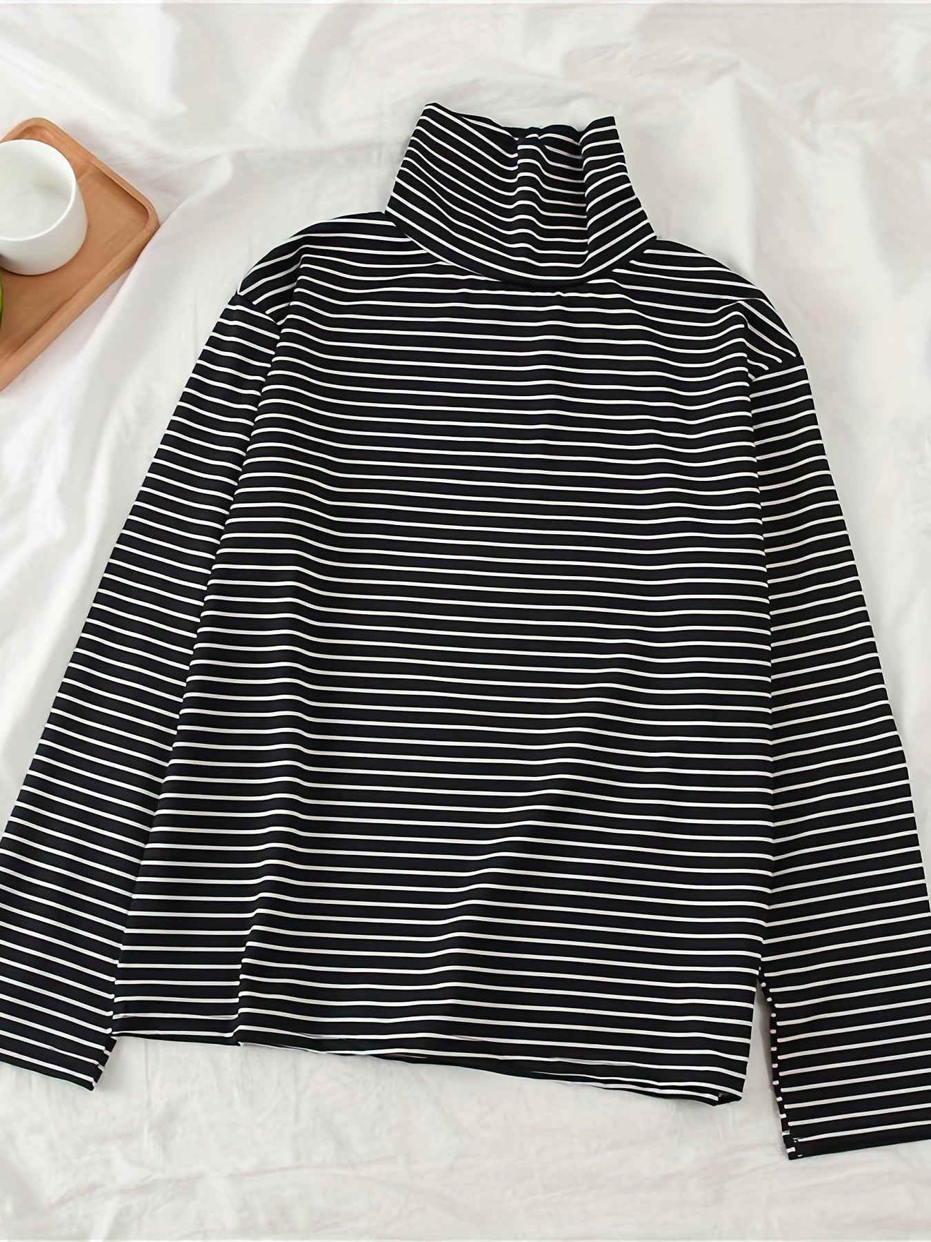 Stripe Turtleneck Pullover Sweatshirt Plush Crew Neck