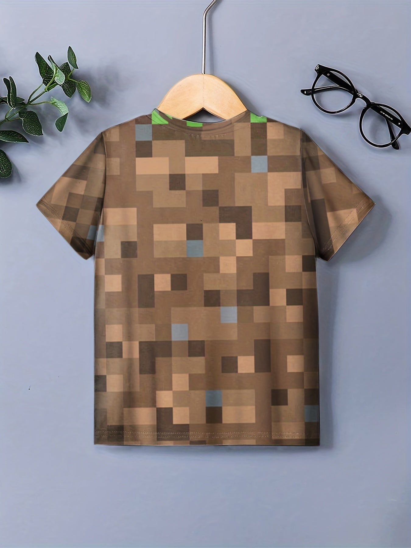 Brown Squares Pattern T shirt For Kids Short Sleeve Top Casual Tee Boy's Clothes