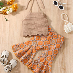 2pcs Baby Girls Knit Halter Top & Flared Pants Set