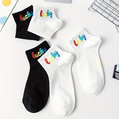 5 Pairs Letter Print Soft Short Socks Women's Stockings & Hosiery