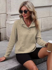 Chevron Pattern Button Front Sweatshirt Long Sleeve Kangaroo Pocket Top
