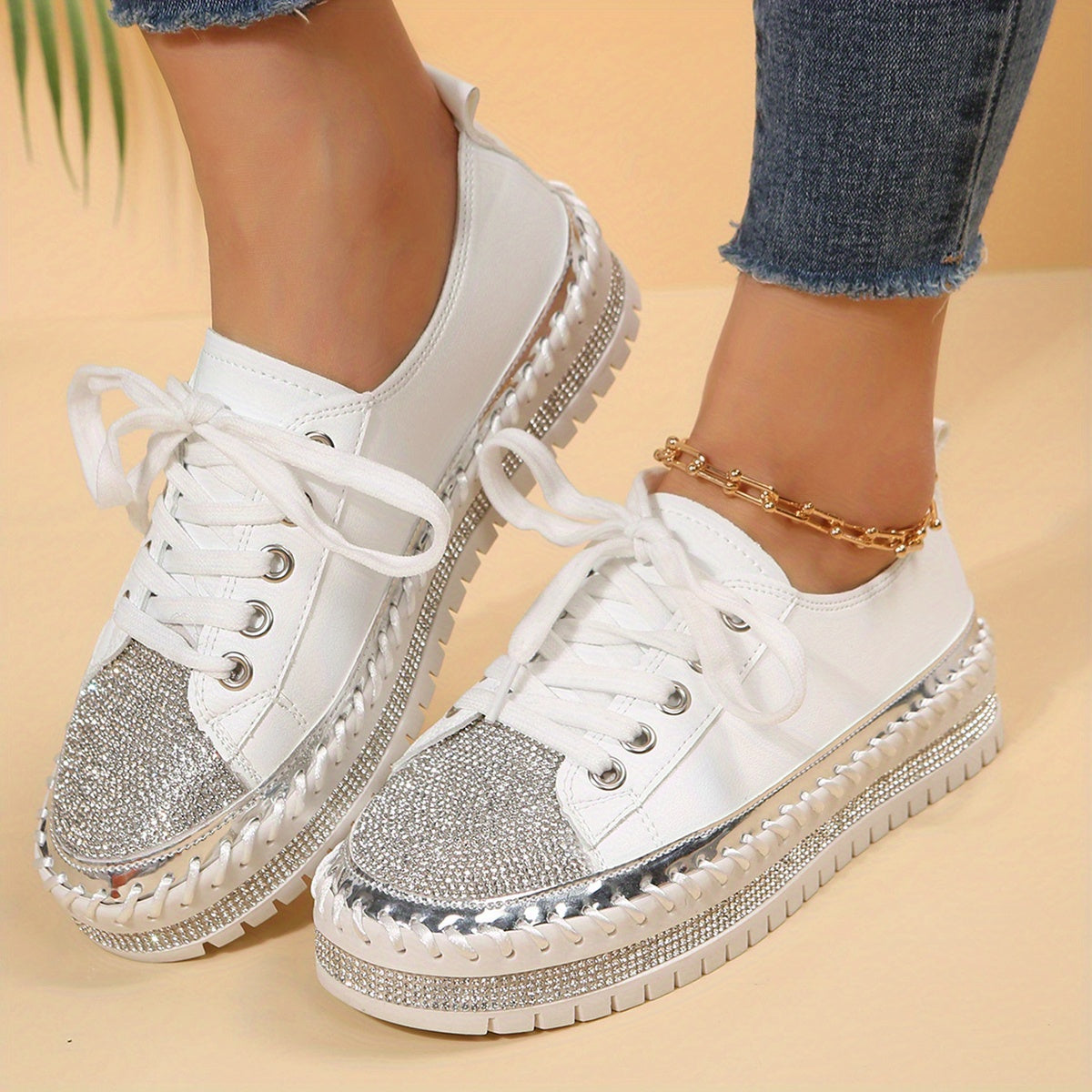Women's Rhinestone Lace Up Skate Shoes Platform Sneakers