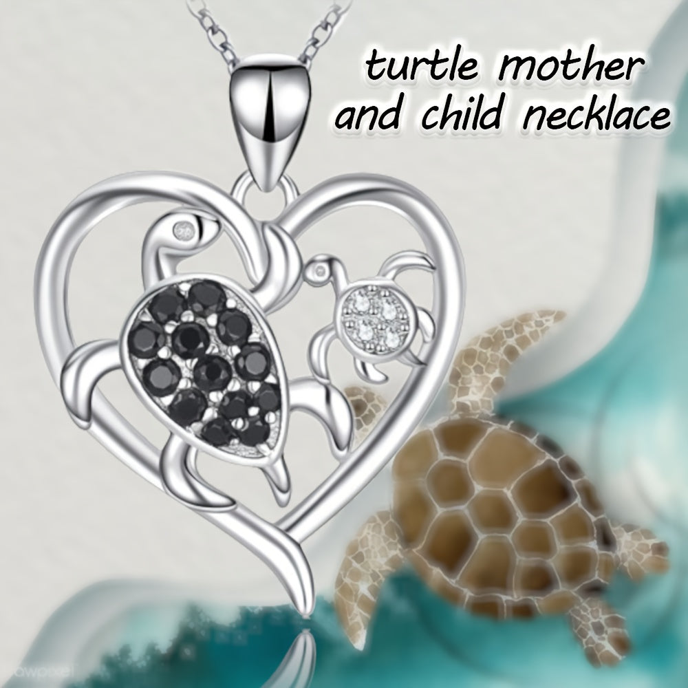 Mother Child Turtle Rhinestone Heart Pendant Necklace