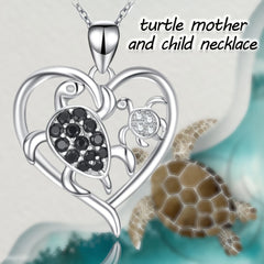 Mother Child Turtle Rhinestone Heart Pendant Necklace