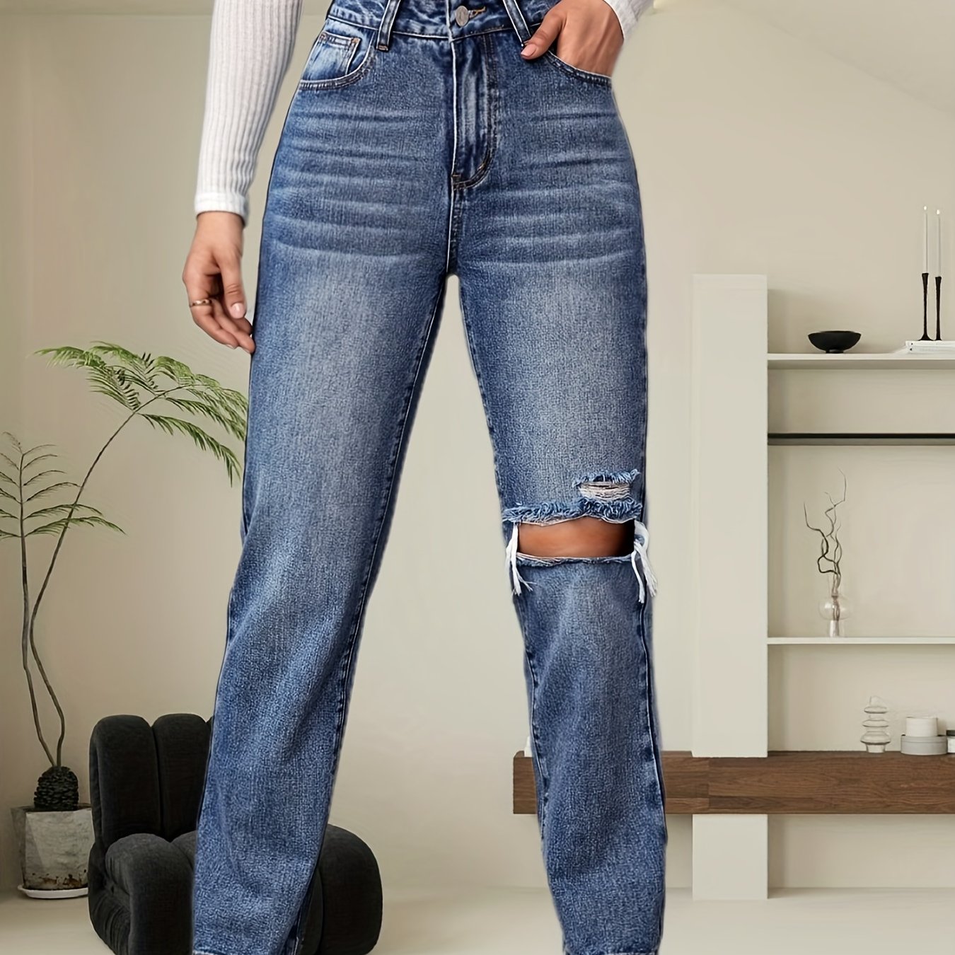 Loose Fit Straight Jeans Ripped Holes Slash Pockets Non Stretch