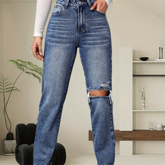 Loose Fit Straight Jeans Ripped Holes Slash Pockets Non Stretch