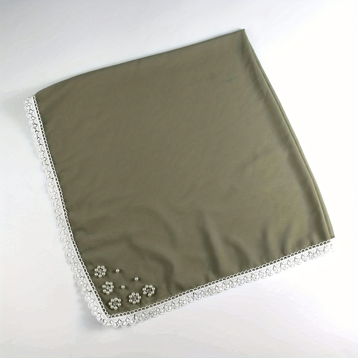 Lace Square Scarf Faux Pearl Flower Decor Bandana Solid Hijab for Women