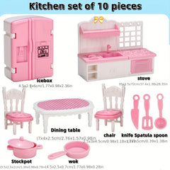 Kids Playhouse Furniture Set - 5 Piece Bedroom, Kitchen, Living Room