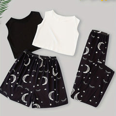 Moon Print Pajama Set 2pcs Crew Neck Tank Top & Elastic Waistband Shorts & Pants