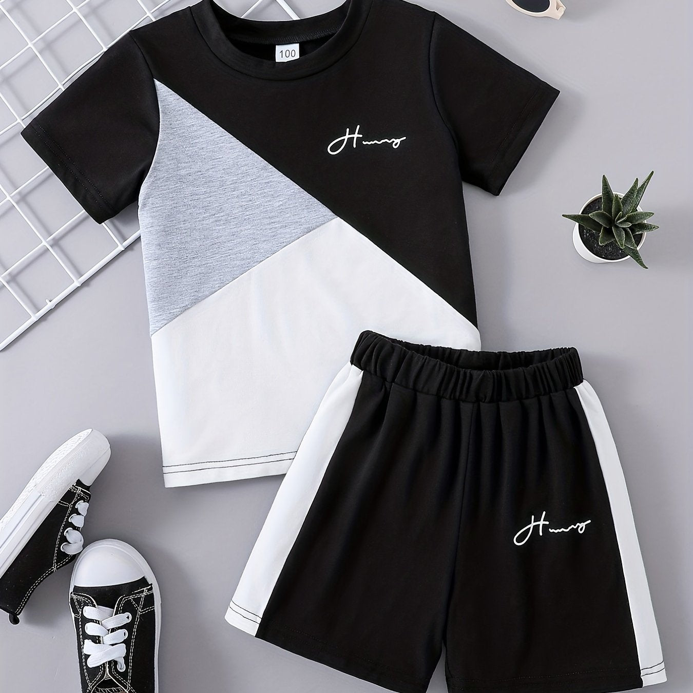 Boys 2pcs Block T shirt & Shorts Set Kids Casual Summer