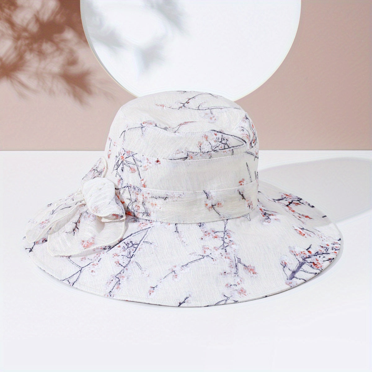 Plum Blossom Print Sun Hat Bow Decor Bucket Hat Wide Brim Travel Beach