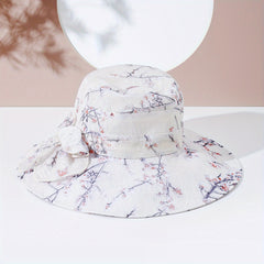Plum Blossom Print Sun Hat Bow Decor Bucket Hat Wide Brim Travel Beach