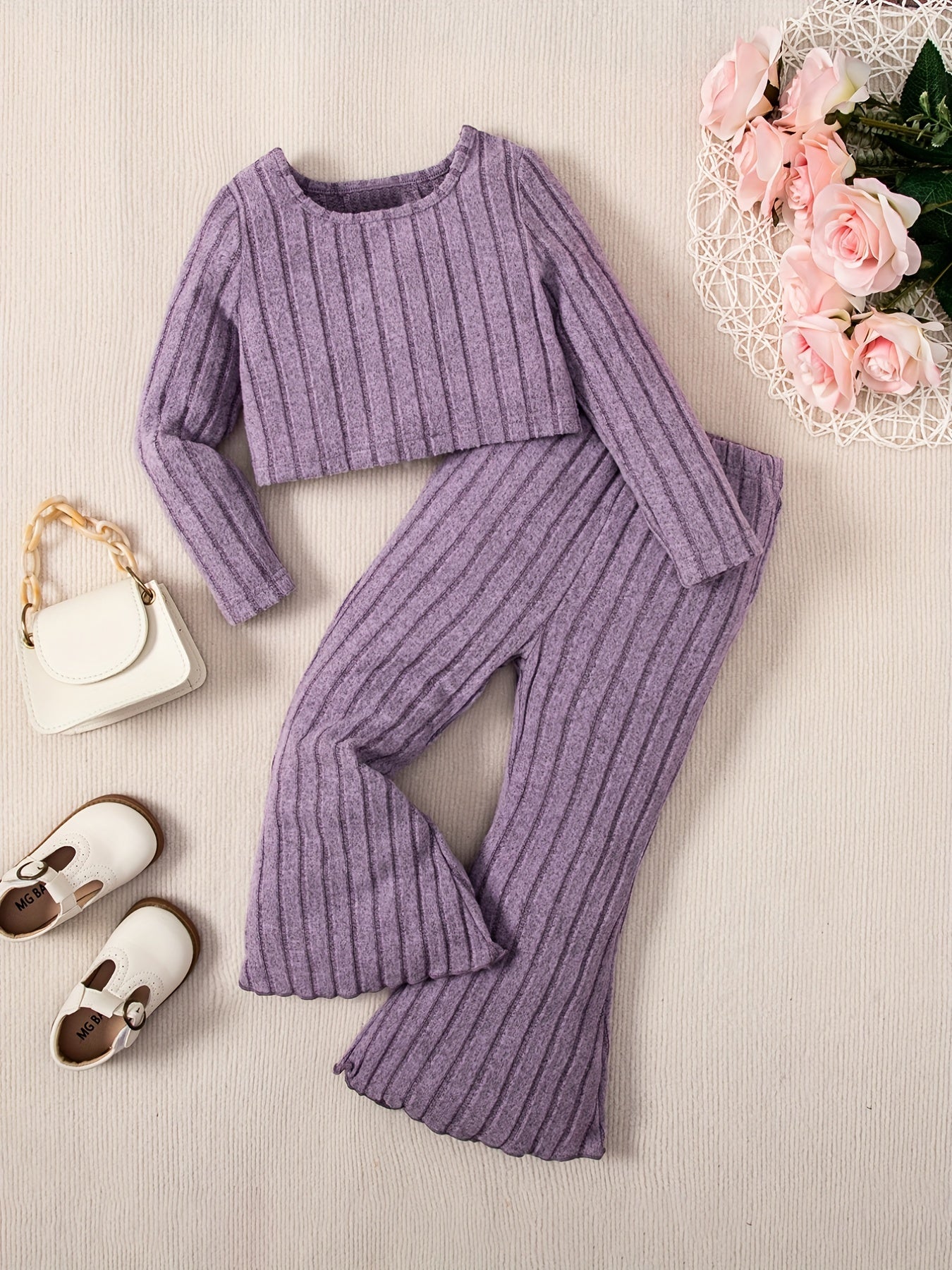 Toddler Girl's Ribbed Top & Flared Pants Set Casual Outfits Kids Clothes