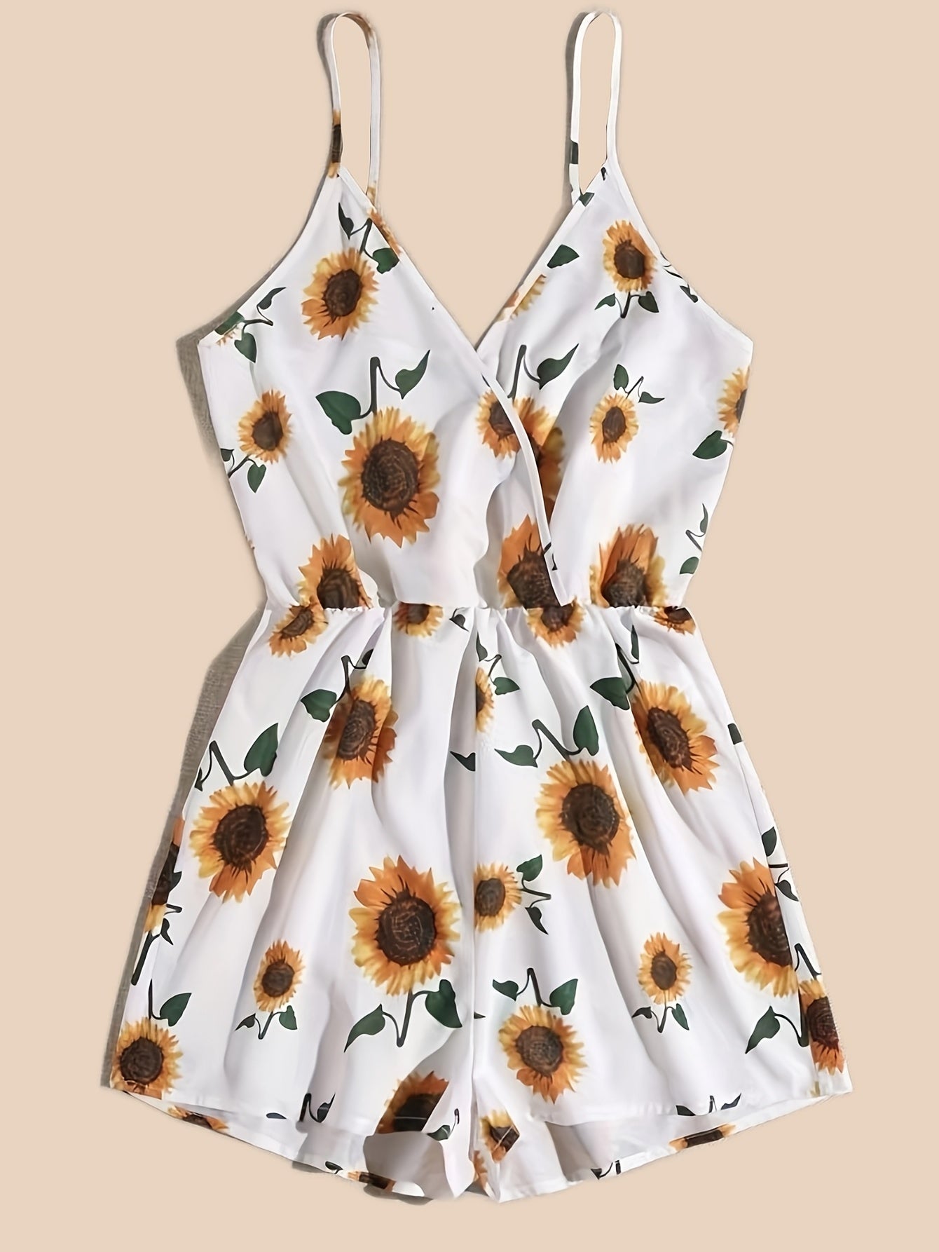 Sunflower Print Cami Romper Jumpsuit V Neck Sleeveless
