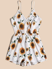 Sunflower Print Cami Romper Jumpsuit V Neck Sleeveless