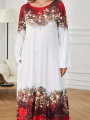 Colorblock Floral Print Long Sleeve Round Neck Dress