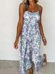 Women's Plus Floral Print Round Neck High Stretch Pleated Cami Jumpsuit