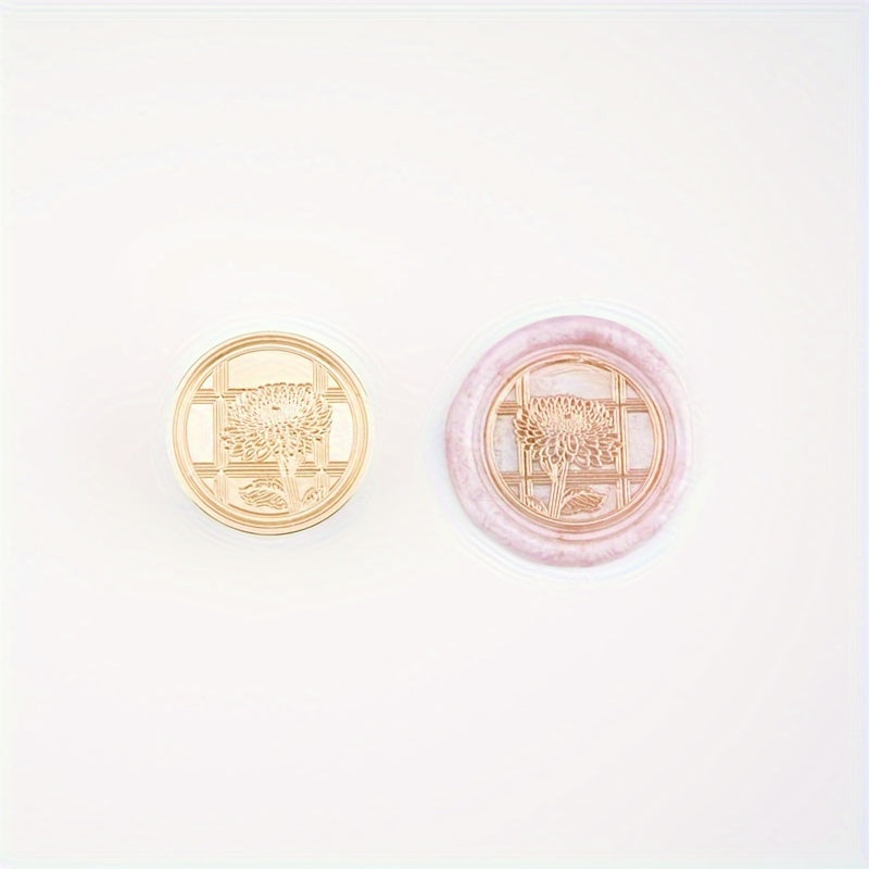 Brass Seal with Chrysanthemum Carving for Gift & Wine Packaging