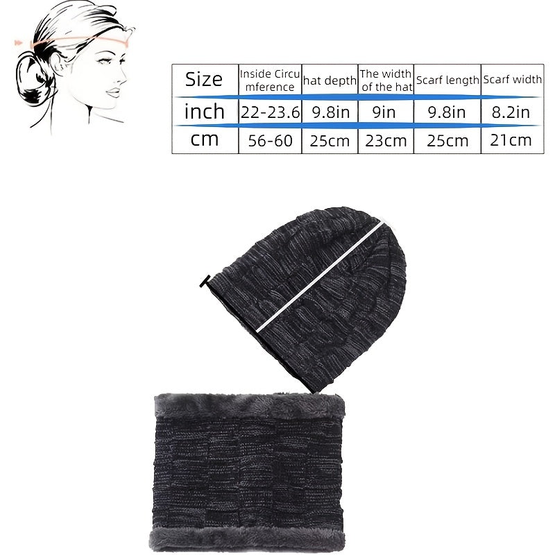 Fleece Knit Beanie Hat & Scarf Set Ear Neck Protection Winter Outdoor