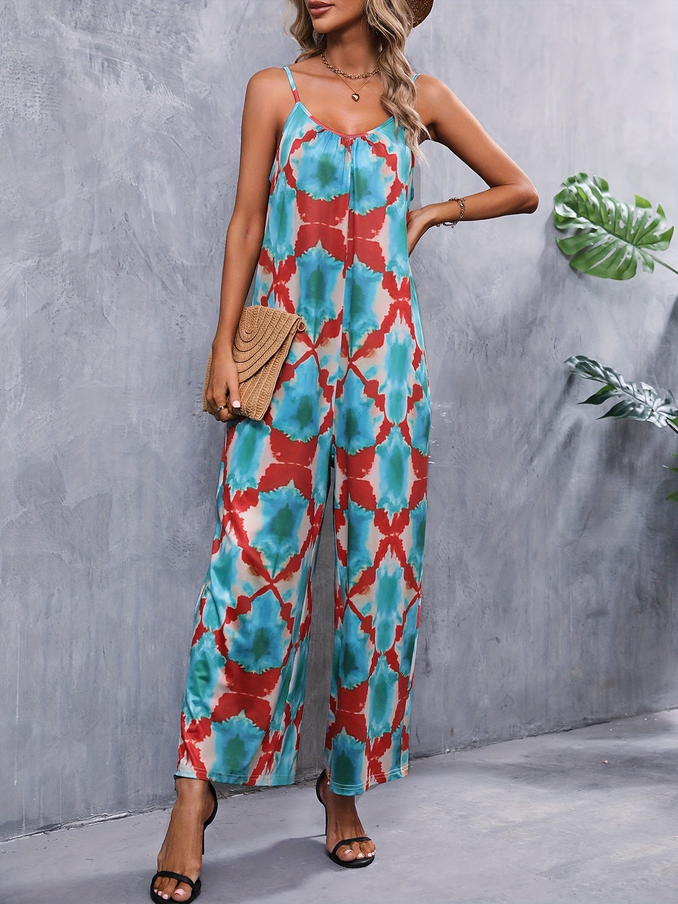 Geometric Print Wide Leg Spaghetti Jumpsuit Backless