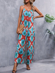 Geometric Print Wide Leg Spaghetti Jumpsuit Backless