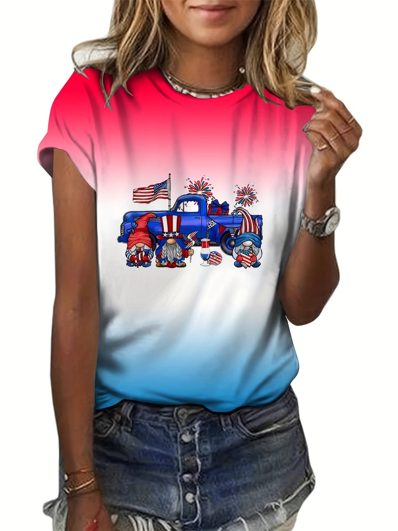 American Flag Cartoon Print Loose Short Sleeve T shirt