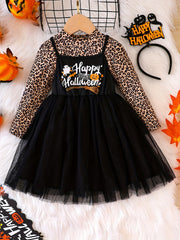 Girl's Mesh Sundress & Leopard Pattern Top Set
