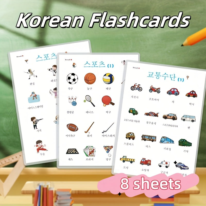 Kids Flashcards Set of 8 Waterproof A4 Posters Sports Transport Places & Houses
