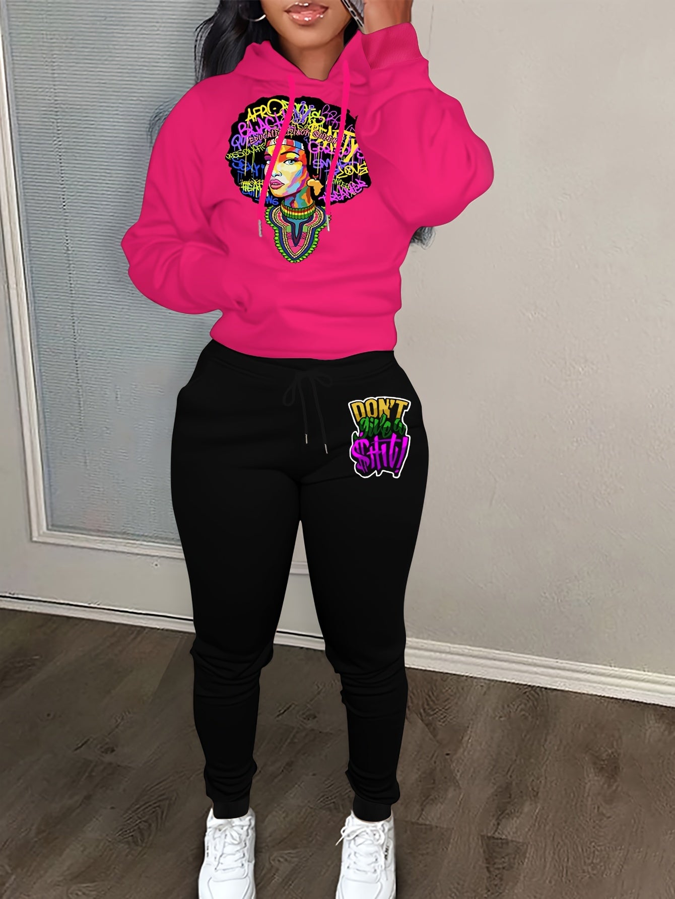 Women's Plus Figure & Letter Print Hoodie & Joggers Outfits 2 Piece Set