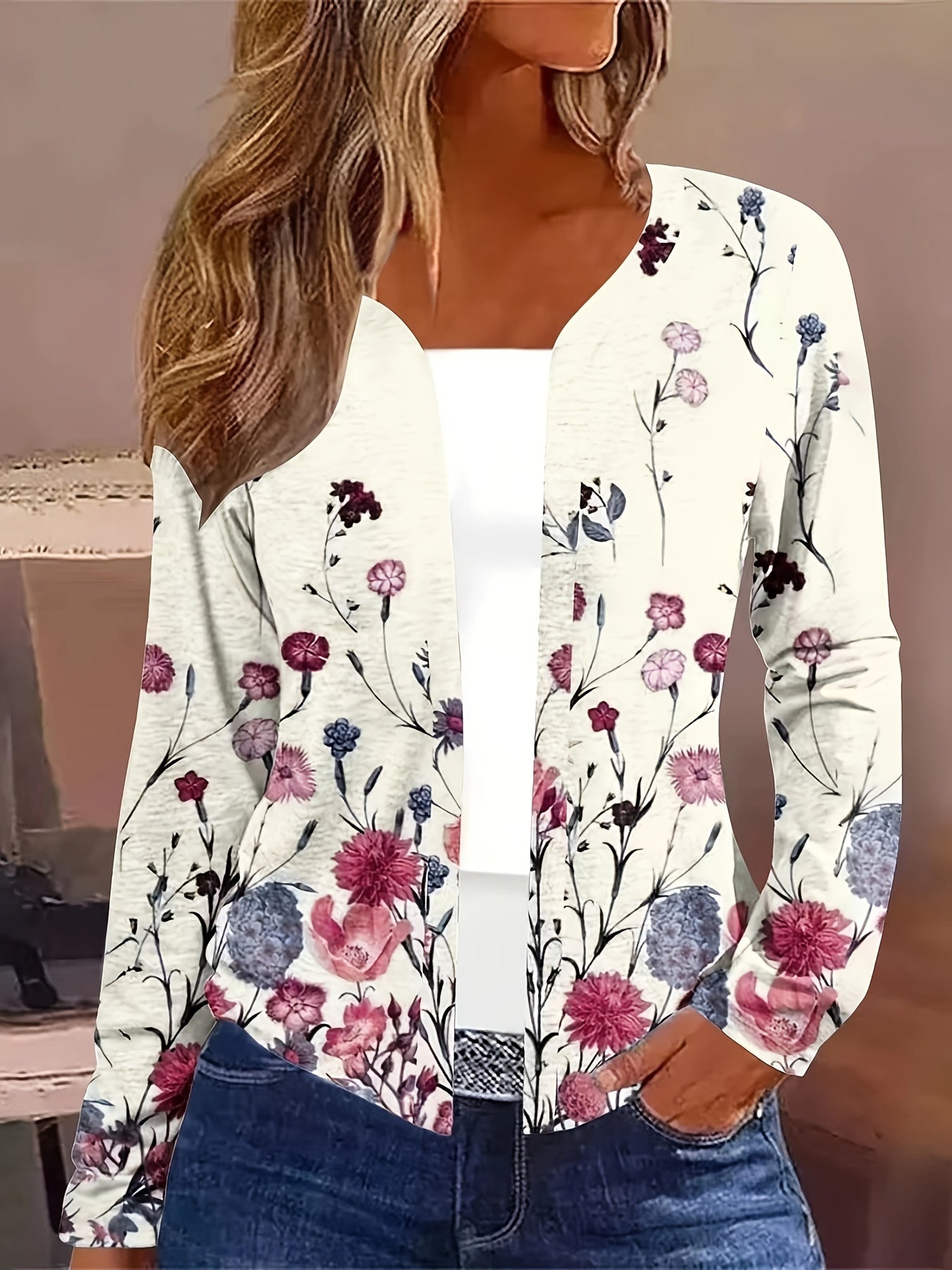 Plus Floral Print Long Sleeve Open Front Cardigan