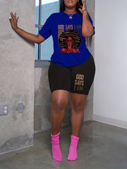 Plus Size Casual Two Piece Set: Figure & Letter Print Tee & Shorts