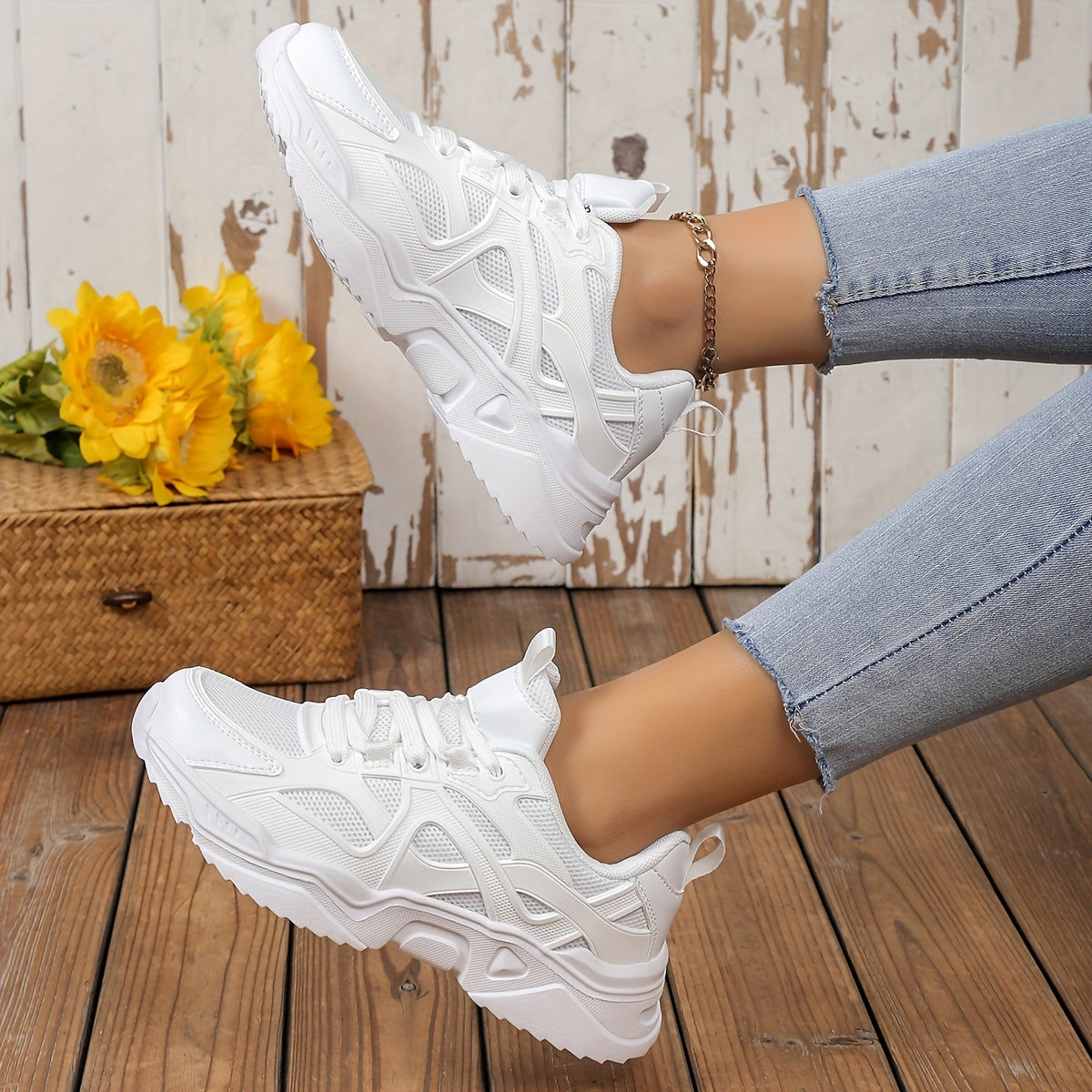 Solid Chunky Sneakers Heighten Lightweight Flying Woven Shoes