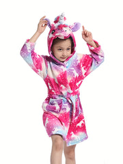 Girls Flannel Hooded Bathrobe Kids Robes Cartoon Patterned Soft Sleepwear