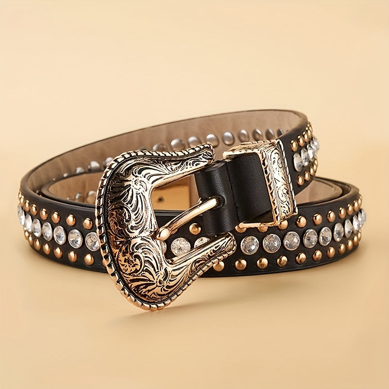 Vintage Rhinestone Belt with Carved Buckle and Rivets
