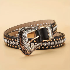 Vintage Rhinestone Belt with Carved Buckle and Rivets