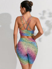 Leopard Print Yoga Set Crop Top & High Waist Shorts