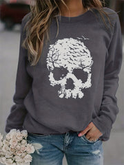 Halloween Skull Print Sweatshirt Long Sleeve Crew Neck Women's Clothing