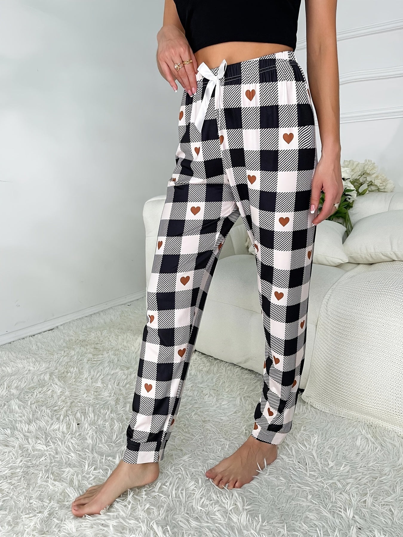 Heart Print Plaid Sleep Bottoms Casual & Comfy Bow Sleep Pants Women's Sleepwear