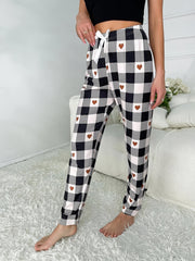 Heart Print Plaid Sleep Bottoms Casual & Comfy Bow Sleep Pants Women's Sleepwear