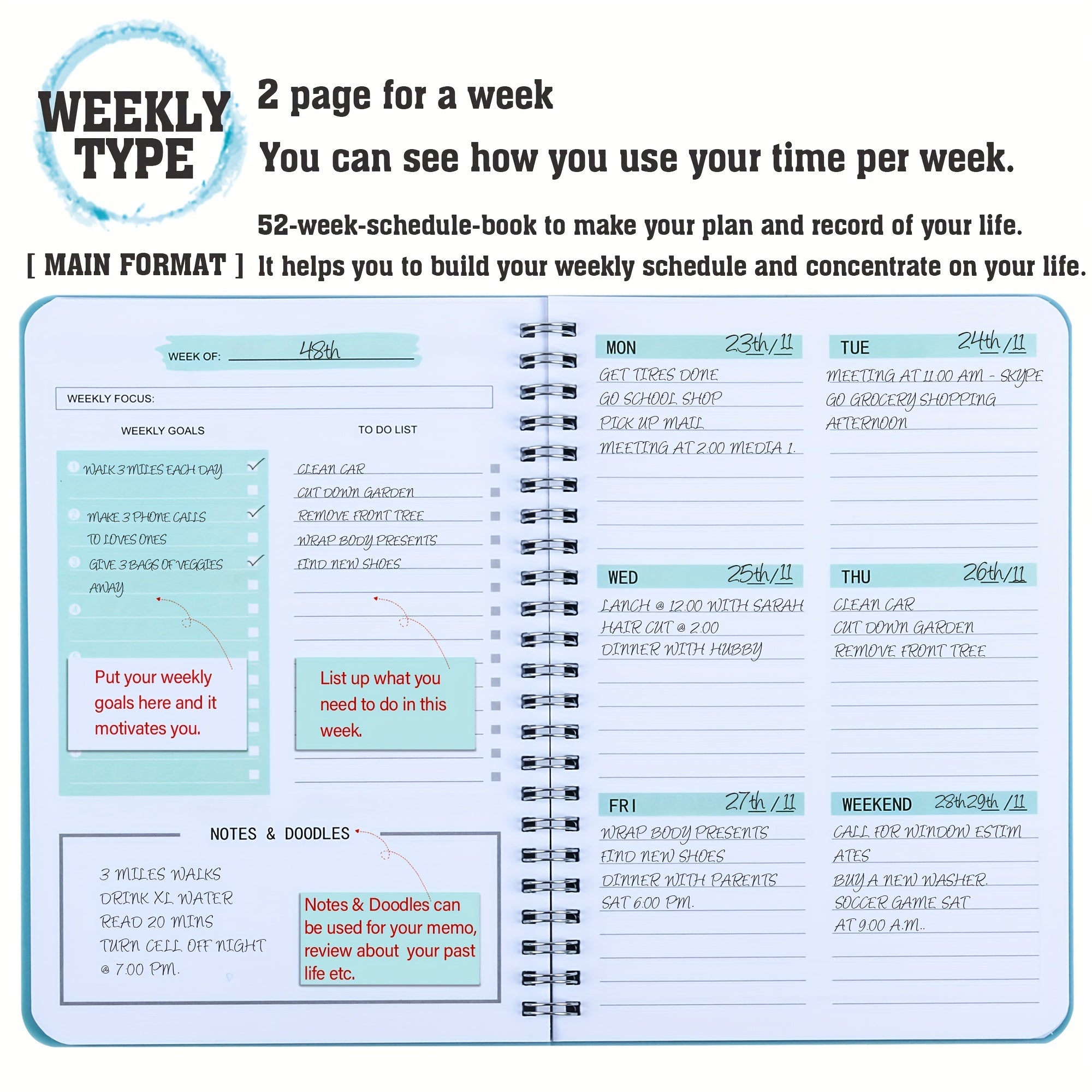 2pcs A5 Planner Daily Weekly Time Planner Notepad 52 Sheets 104 Pages