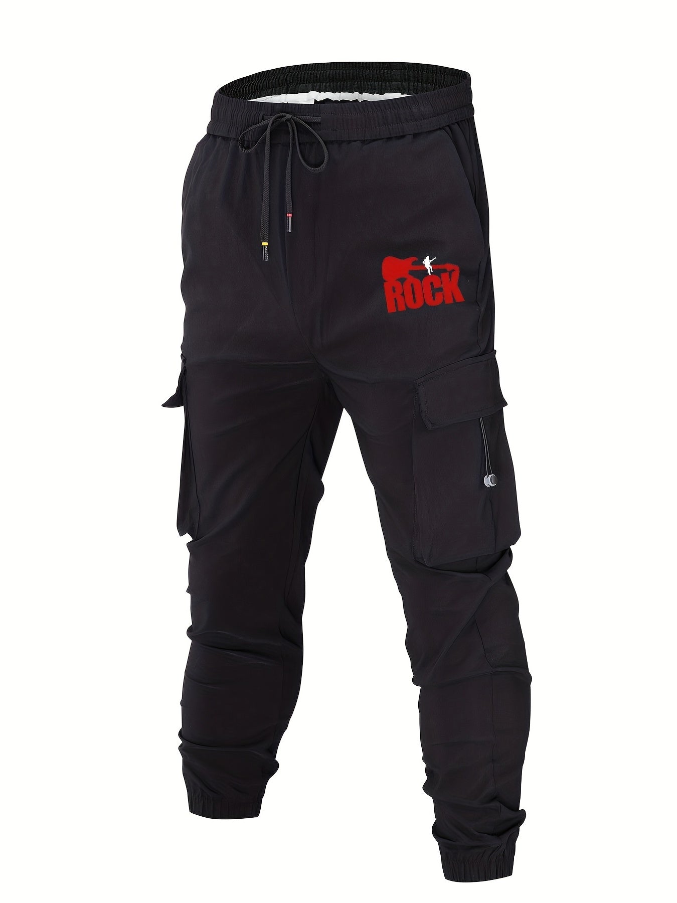 Rock Guitar Print Cargo Pants Men Flap Pocket Trousers