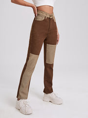 Colorblock High Waist Straight Jeans High Rise Loose Fit Denim Pan