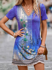 Floral Print V Neck Plus Size Mini Dress