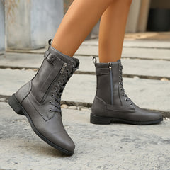 Retro Lace-Up Moto Boots with Side Zipper Chunky Mid-Tube